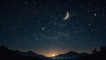 Night sky with stars and moon in the mountains.の写真素材