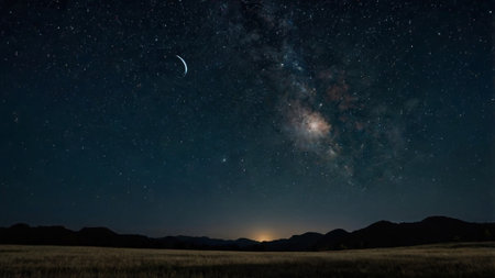 Milky way over the mountains and the moon in the night skyの写真素材