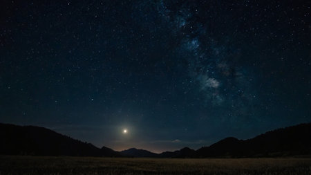 Milky Way over the mountains at night with stars and moon.の写真素材