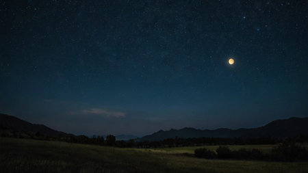 Night landscape with a full moon and stars in the night sky.の写真素材