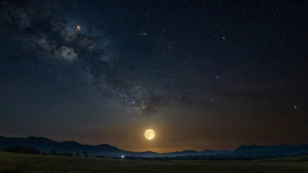 Night sky full of stars and milky way with moon and stars.の写真素材