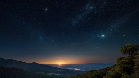 Milky Way over the mountains at dawn. Panorama of the mountains.の写真素材