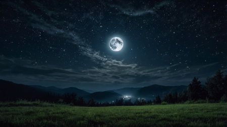 Beautiful night landscape with full moon and stars in the sky.の写真素材