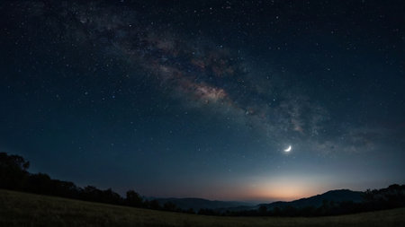 Milky way over the meadow in the mountains at night.の写真素材