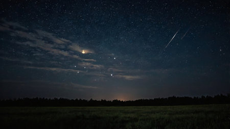 Night sky with stars and milky way over field. Long exposureの写真素材