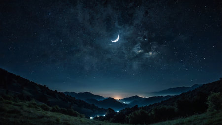 Night sky with stars and the moon. Mountain landscape in the summer.の写真素材