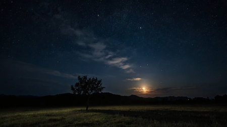 Night landscape with starry sky and milky way. Long exposureの写真素材