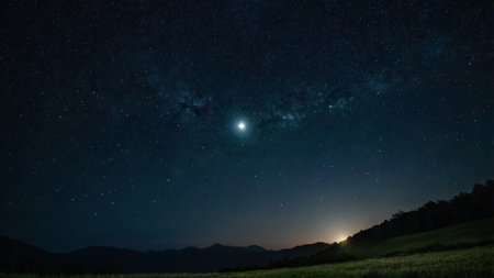 Milky way and stars in the night sky over the meadowの写真素材