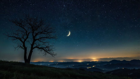 Night sky with stars and moon over the mountains. Beautiful landscape.の写真素材