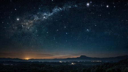 Night sky with stars and milky way over the mountain range.の写真素材