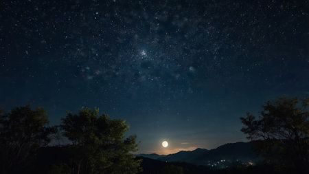 Night sky with stars and moon, starry sky with stars and milky wayの写真素材