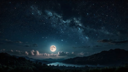 Landscape with beautiful night sky and full moon.の写真素材