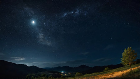 Night sky with stars and milky way over the mountain range.