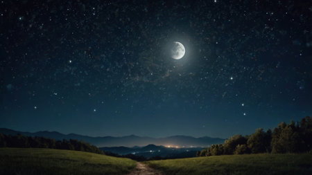 Night sky with stars and moon. Panoramic view of the night landscape.の写真素材