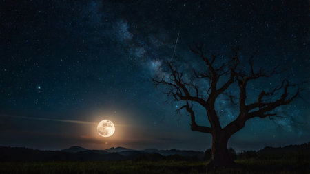Night sky with full moon and big tree.