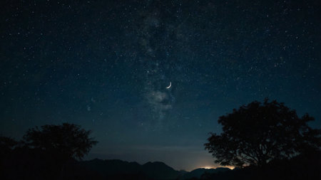 Night sky with stars and the moon. The silhouette of a tree.