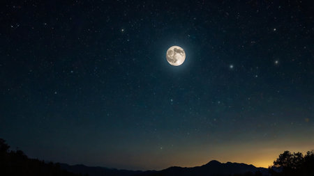 Full moon in the night sky with stars and the silhouette of mountains