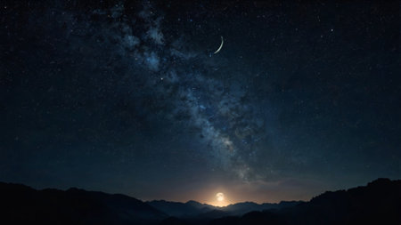 Milky way with stars and moon in the night sky. 3d renderingの写真素材