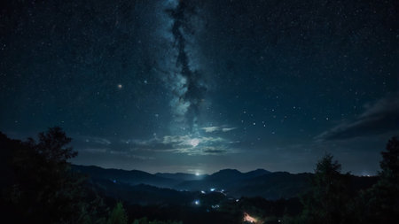 Milky way and stars in the night sky over the mountains.の写真素材