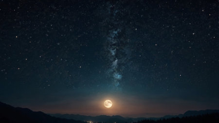 Night sky with stars and milky way. Full moon over the mountainsの写真素材