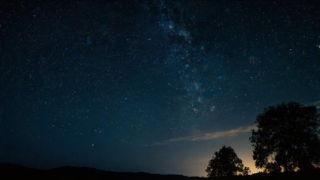 Milky way in the night sky with stars and silhouette of trees