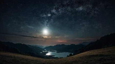 Milky way over mountains and lake at night with stars and moon
