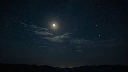 Night sky with stars and the moon. The starry sky over the mountains.の写真素材