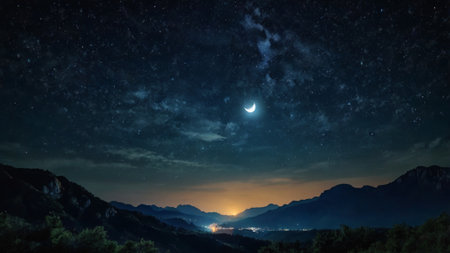 Night sky with stars and moon.