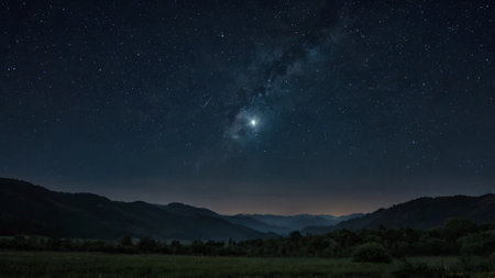 Milky way over the mountains at night with starry sky.の写真素材