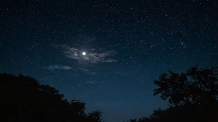 Night sky with stars and moon. Long exposure photograph with grain.