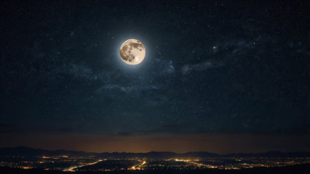 The moon in the night sky over the city.