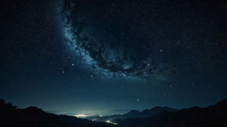 Milky way over the mountains at night with stars in the skyの写真素材