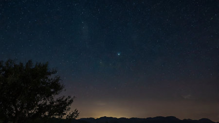 Night sky with stars and milky way. Long exposure photograph.