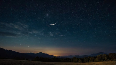Beautiful night sky with stars and moon over the meadow.