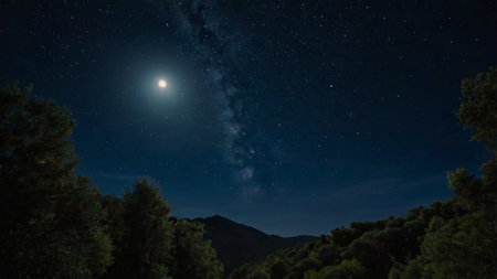 Night sky with stars and milky way over the forest. Panorama