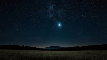 Milky way over the field. Starry night sky with stars and moon.の写真素材