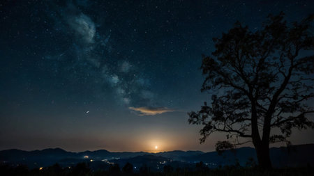 Milky way and tree at Phu Kradueng National Park, Loei, Thailandの写真素材