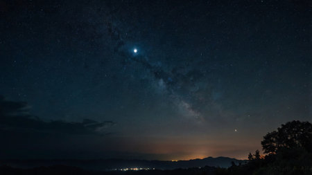 Milky way and stars in the night sky, Long exposure photographの写真素材