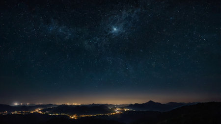 Milky way over the mountains at night with starry sky.の写真素材