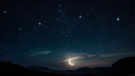 The moon in the night sky. The stars on the background of the mountains.の写真素材