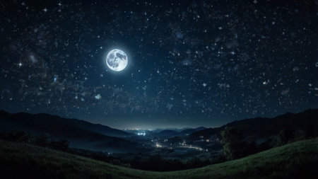 Night landscape with moon and stars.の写真素材
