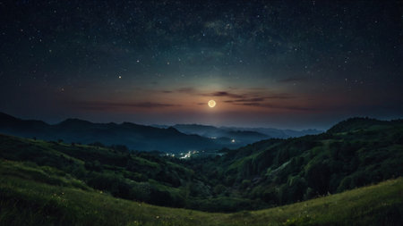 Mountain landscape in the moonlight. Starry night sky.の写真素材
