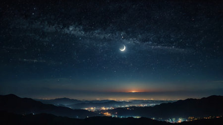 Night view of the mountains and the Milky Way with the moon.