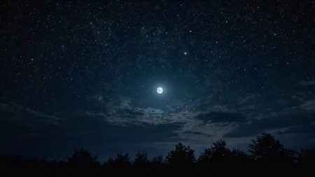Night sky with stars and milky way. The moon above the forest.の写真素材