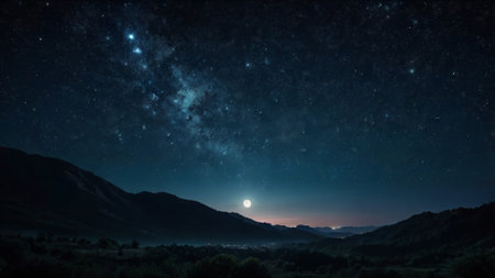 Mountain landscape at night with stars and moon. Elements of this image furnished by NASAの写真素材