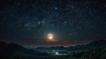Beautiful night landscape with full moon and stars.