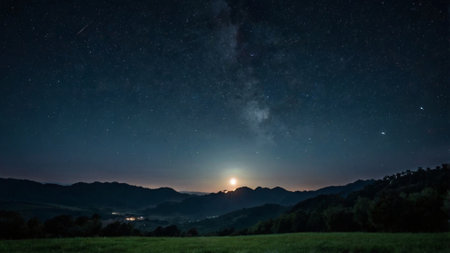 Milky way over the mountains at night in the summer time.の写真素材