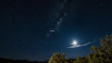 Night sky with stars and milky way. Long exposure photograph.