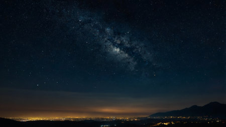 Milky way over the city. Night sky with stars and galaxies