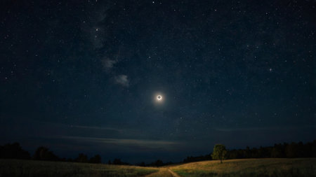 Night sky with stars and the moon over the field. Elements of this image furnished by NASAの写真素材